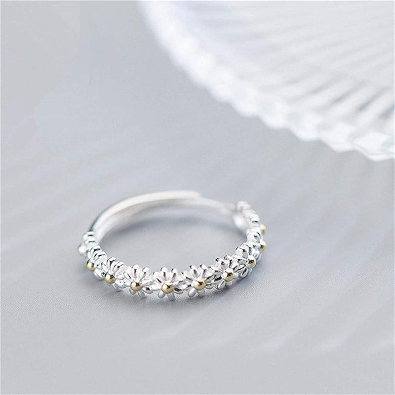 Bague Ajustable en Argent avec Marguerite en Émail Peint à la Main